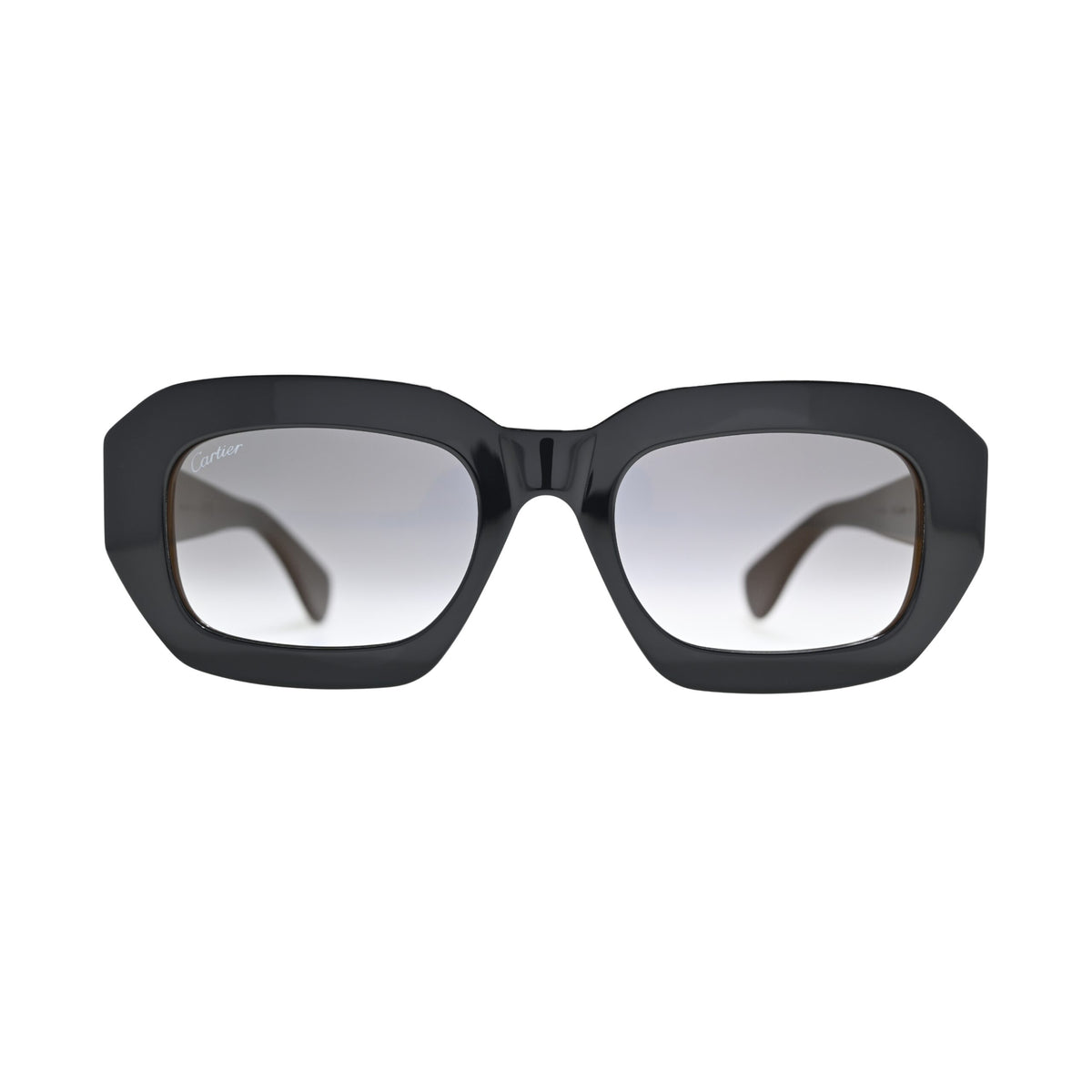 Black geometric Cartier sunglasses CT0546S001 front view with grey gradient lenses and gold hinge hardware