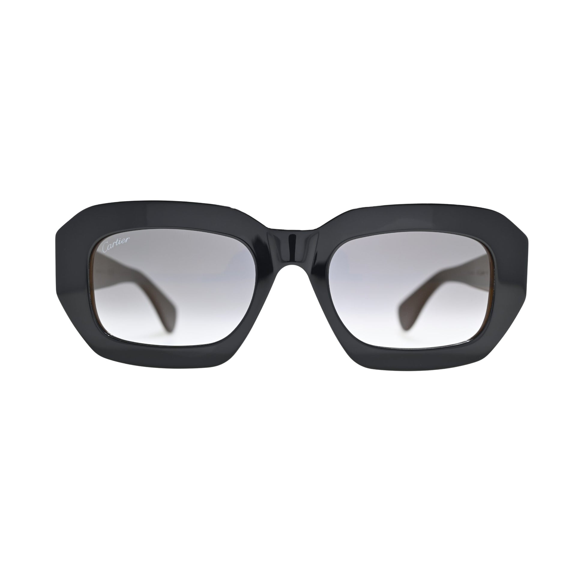 Black geometric Cartier sunglasses CT0546S001 front view with grey gradient lenses and gold hinge hardware