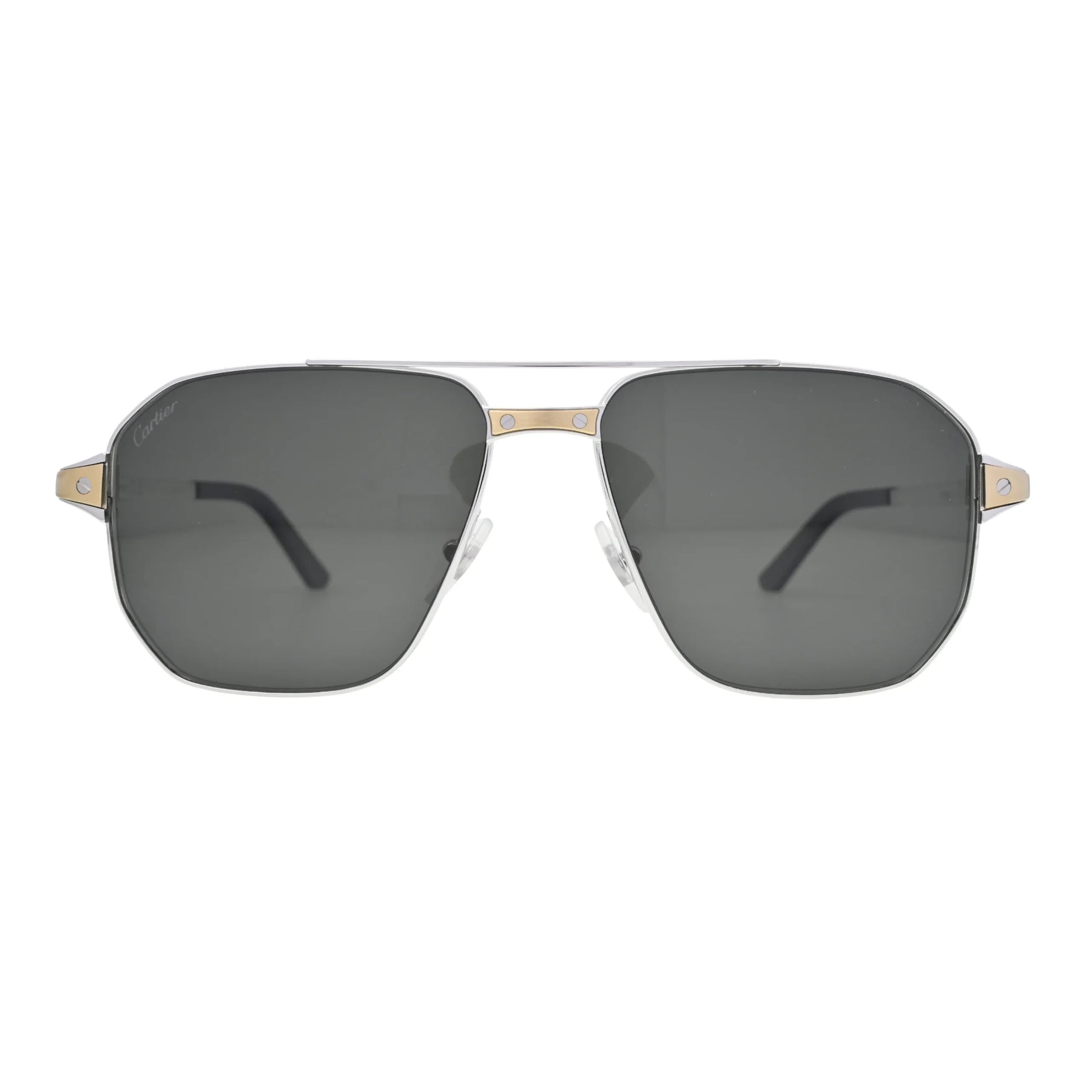 Cartier pilot sunglasses front view CT0424S001 with smoke polarized lenses and silver metal frame