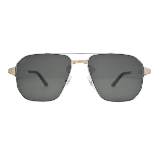 Cartier pilot sunglasses front view CT0424S001 with smoke polarized lenses and silver metal frame