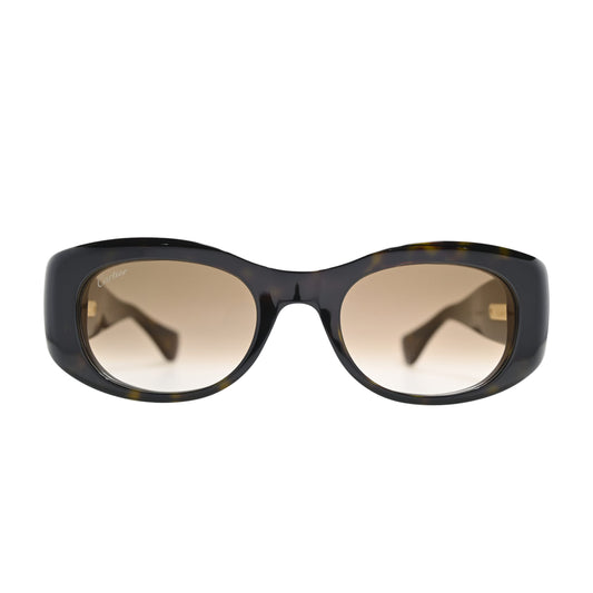 Side profile of Cartier CT0472S002 displaying gold-tone panther detail and Cartier script at dark tortoise temple tip