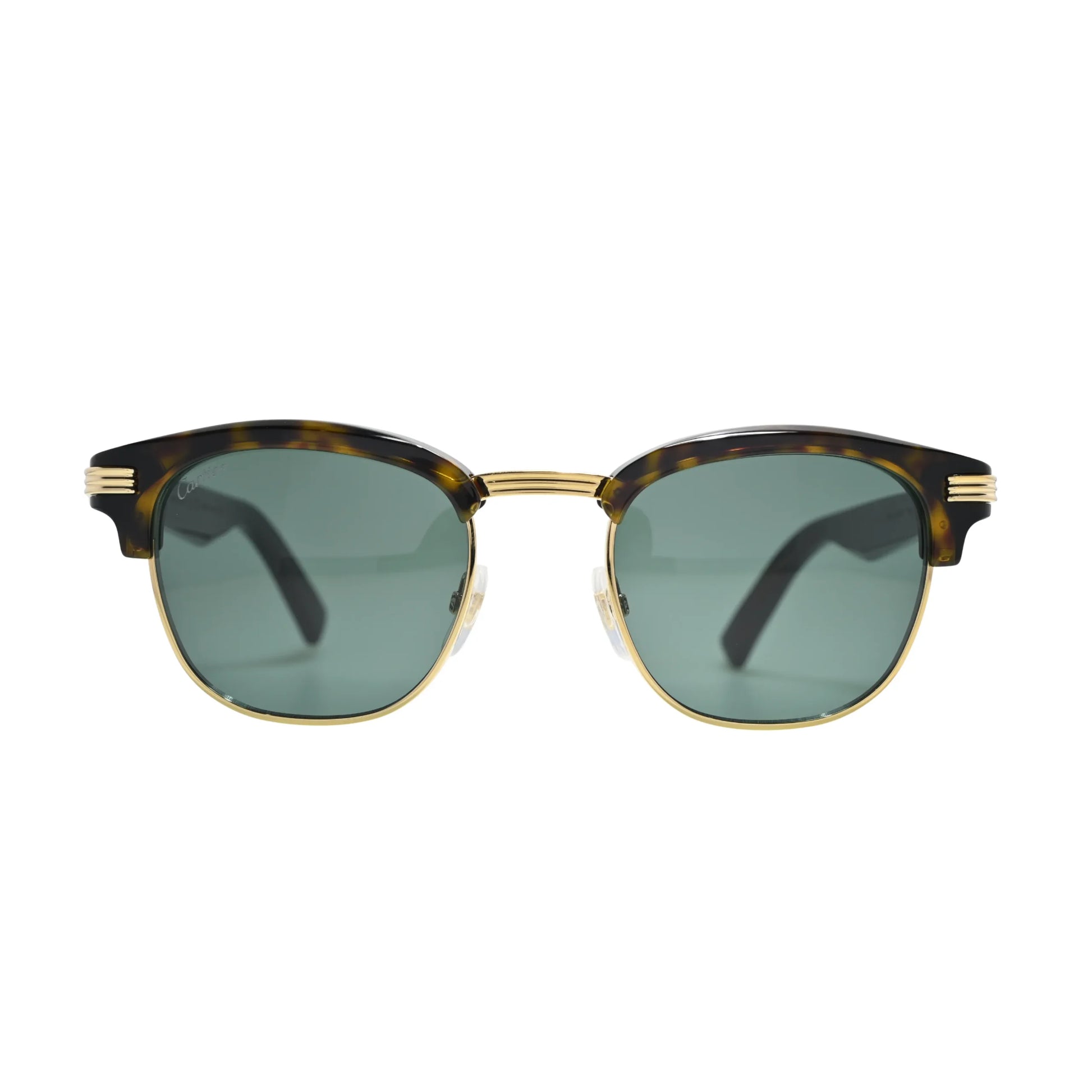 Three-quarter view of tortoiseshell browline Cartier sunglasses men CT0496S002 with green lenses and gold Godron hinge