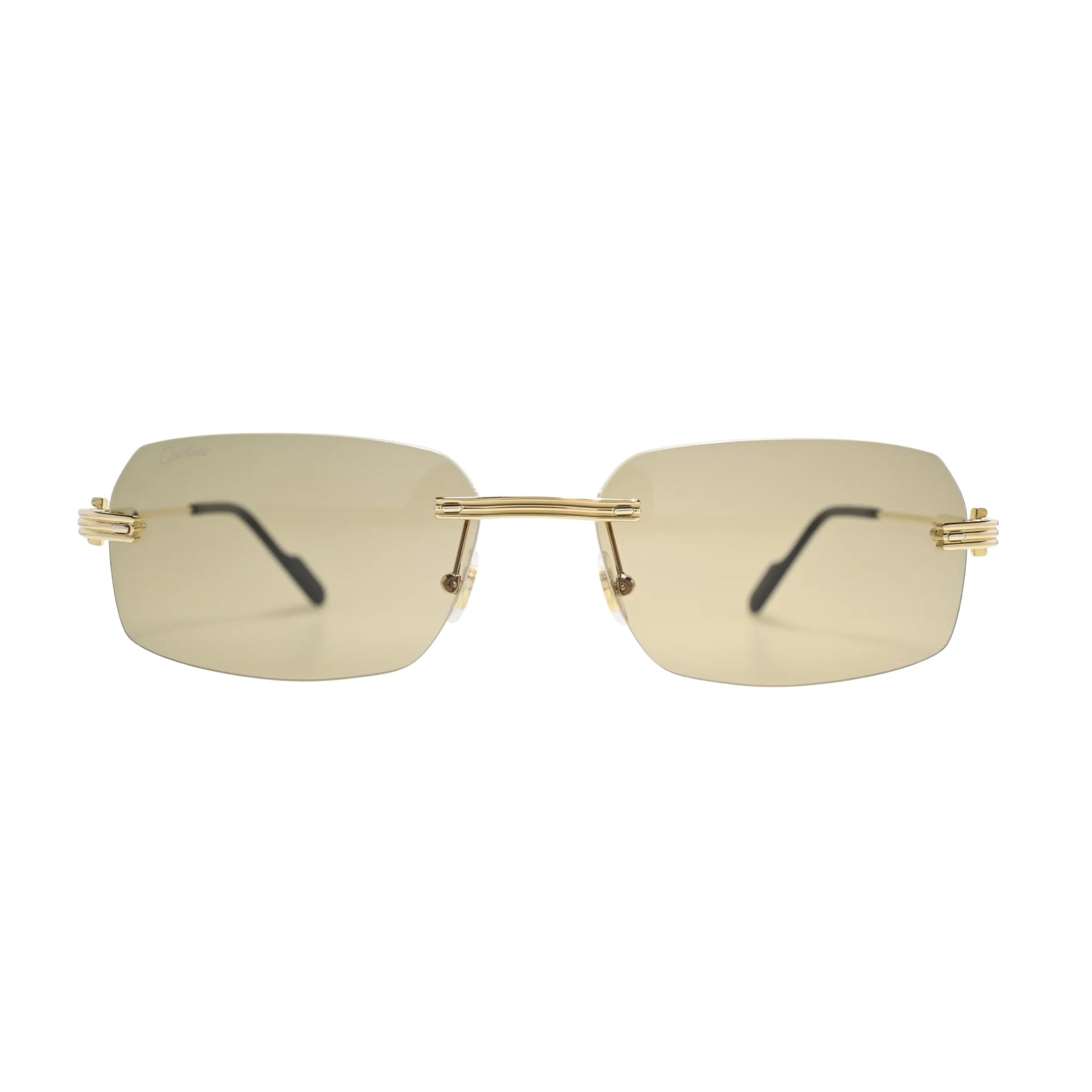 Front view of gold rimless Cartier sunglasses men CT0271S009 with khaki nylon lenses and gold Godron bridge bar