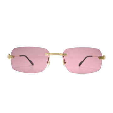 Front view of Cartier CT0271S010 rectangular rimless frame with pink nylon lenses and gold bridge bar