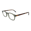 A fashionable round eyeglass frame with a bold green front and rich brown tortoiseshell arms—perfect for those who love a vintage-inspired look.