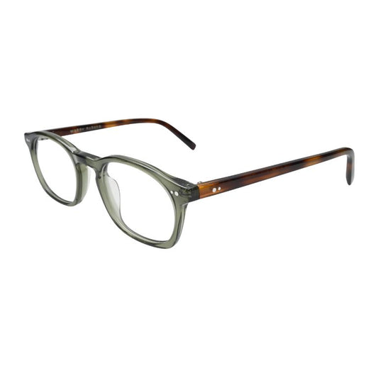 A fashionable round eyeglass frame with a bold green front and rich brown tortoiseshell arms—perfect for those who love a vintage-inspired look.