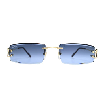 Front view of rimless Cartier sunglasses blue gradient lenses CT0465S002 with gold bridge bar and C Décor hinge motif