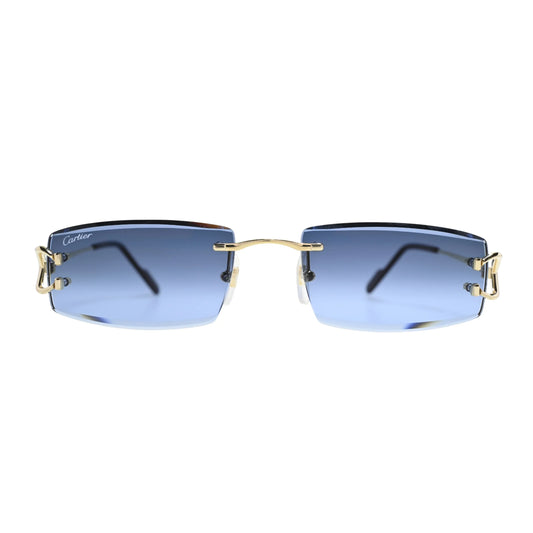 Front view of rimless Cartier sunglasses blue gradient lenses CT0465S002 with gold bridge bar and C Décor hinge motif