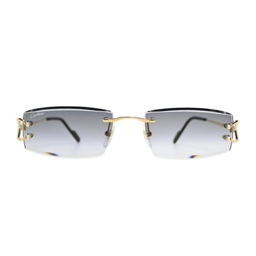 Front view of Cartier CT0465S001 grey gradient rimless sunglasses men with gold bridge bar and Cartier script on left lens