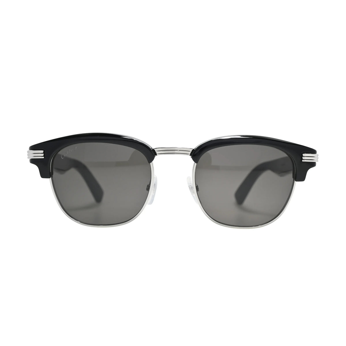 lack browline Cartier sunglasses men CT0496S001 front view with grey lenses and silver Godron hinge detail
