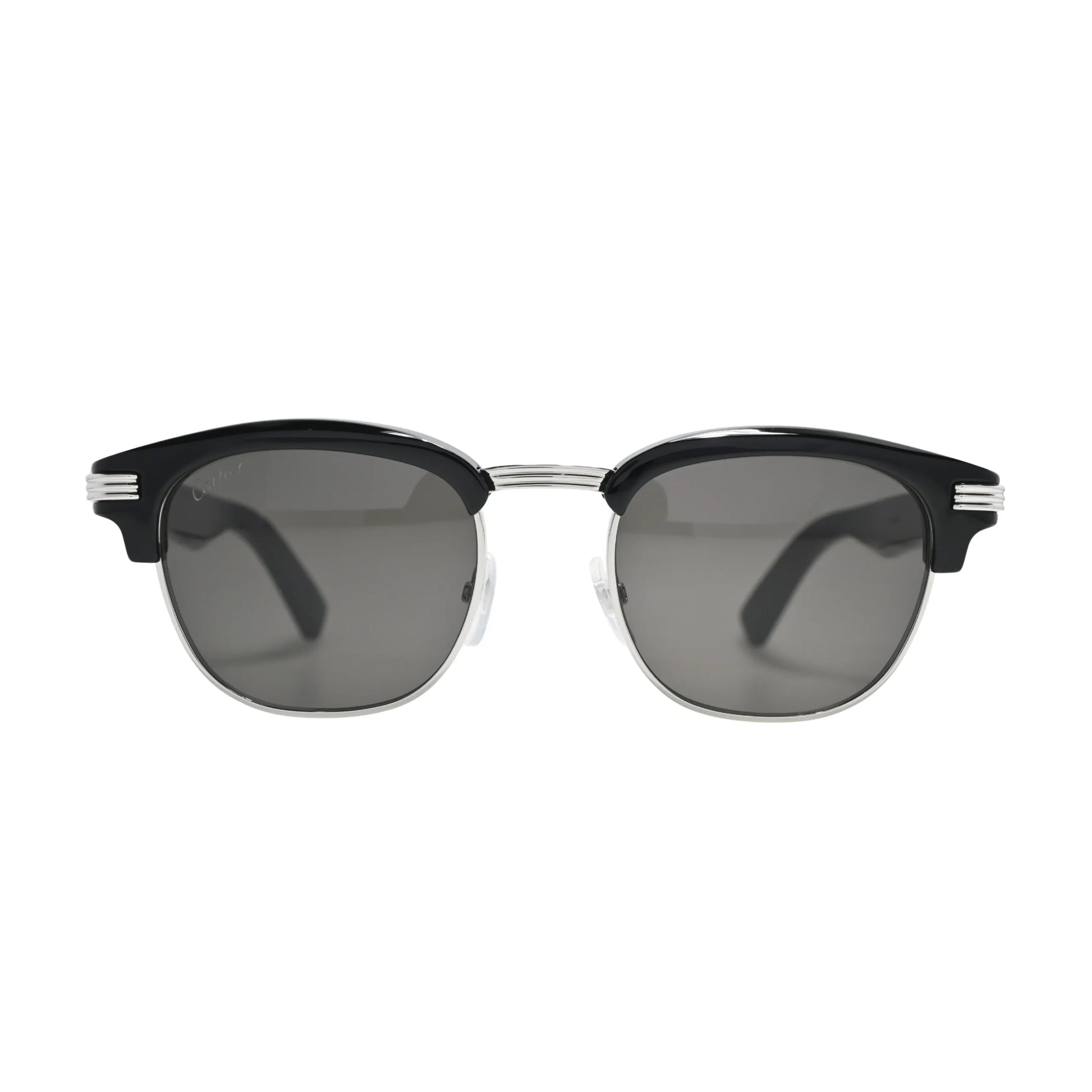 lack browline Cartier sunglasses men CT0496S001 front view with grey lenses and silver Godron hinge detail