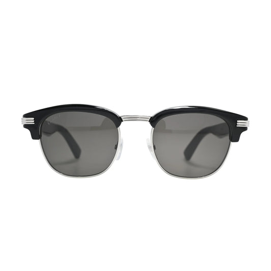 lack browline Cartier sunglasses men CT0496S001 front view with grey lenses and silver Godron hinge detail