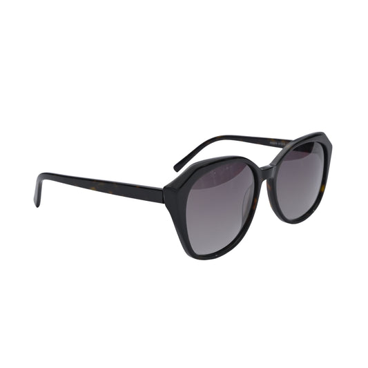 Angled side view of black square sunglasses with glossy acetate frame