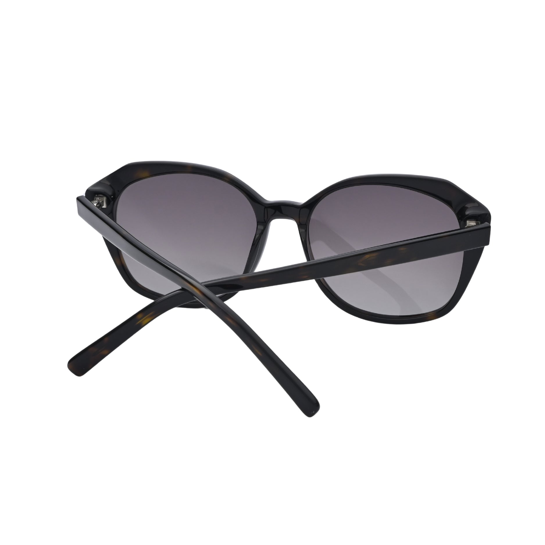 Back view of black square sunglasses with crossed temples and gradient lenses