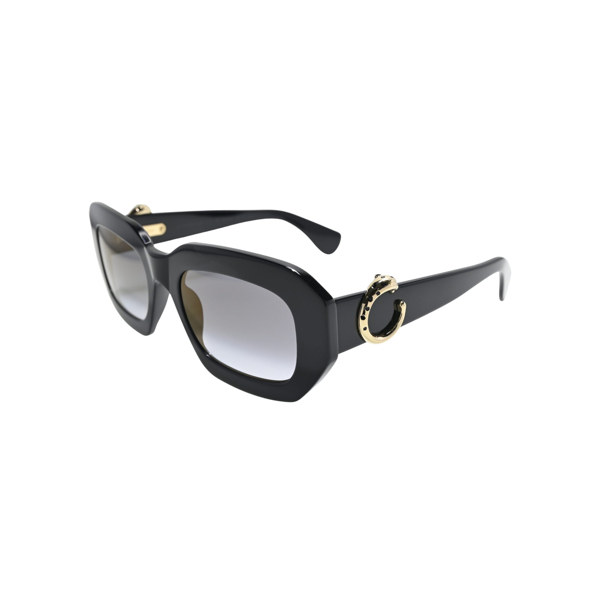 Cartier CT0546S001 three-quarter angle showing gold panther motif on gloss black acetate temple