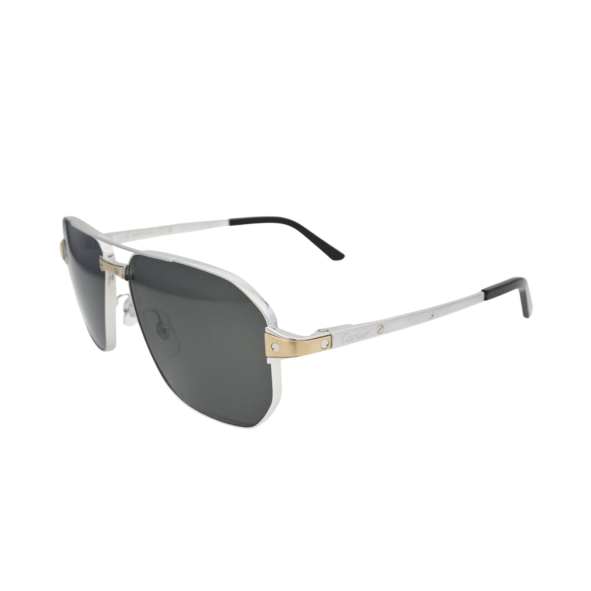 Cartier pilot sunglasses three quarter view CT0424S001 with silver metal temples and gold tone hinge detail