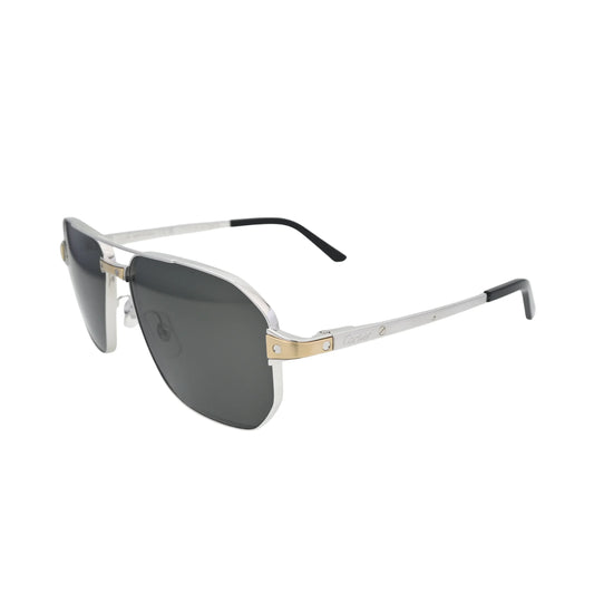 Cartier pilot sunglasses three quarter view CT0424S001 with silver metal temples and gold tone hinge detail
