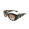 Three-quarter angle of tortoiseshell oval Cartier sunglasses women CT0472S002 showing gold panther C temple motif