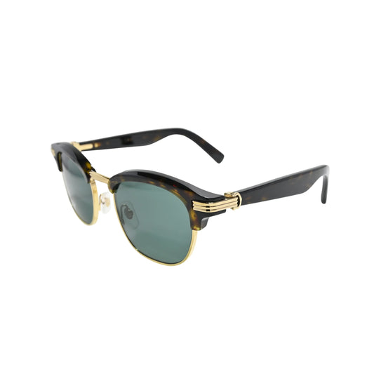 Three-quarter view of tortoiseshell browline Cartier sunglasses men CT0496S002 with green lenses and gold Godron hinge