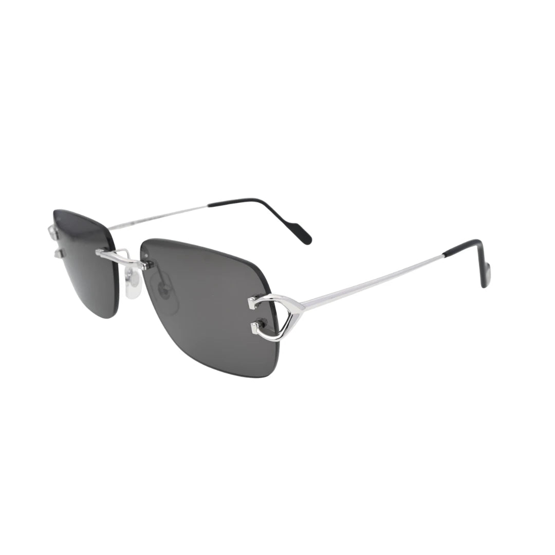 Cartier rimless sunglasses angled view CT0330S001 with silver metal temples and Signature C hinge detail