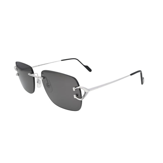 Cartier rimless sunglasses angled view CT0330S001 with silver metal temples and Signature C hinge detail