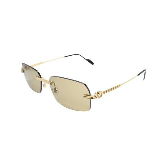 Side profile of Cartier CT0271S009 with full gold temple arm and black acetate tip carrying Cartier logo plaque