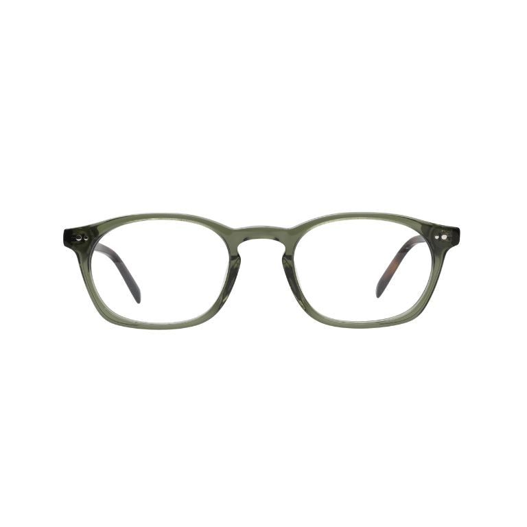 A fashionable round eyeglass frame with a bold green front and rich brown tortoiseshell arms—perfect for those who love a vintage-inspired look.