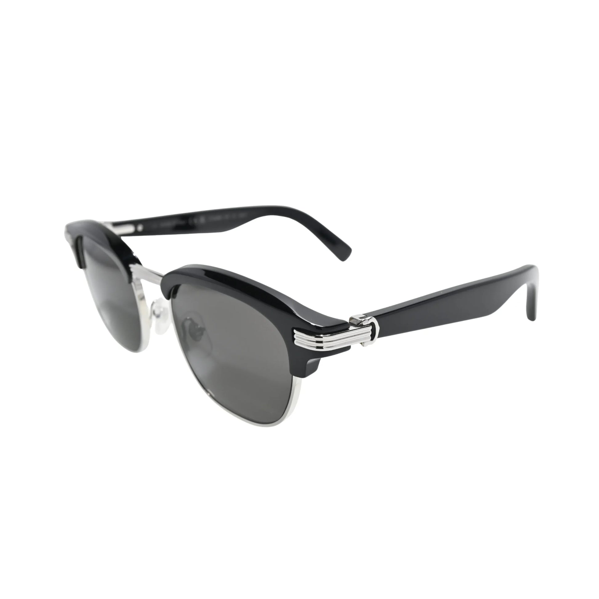 Side profile of Cartier CT0496S001 Première de Cartier showing ribbed silver hinge motif on black acetate temple