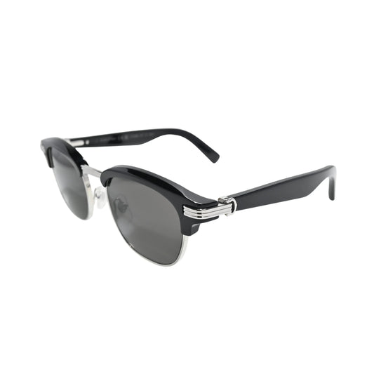 Side profile of Cartier CT0496S001 Première de Cartier showing ribbed silver hinge motif on black acetate temple