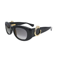 Cartier cat eye sunglasses angled view CT0472S001 with Panthere temple detail and glossy black frame