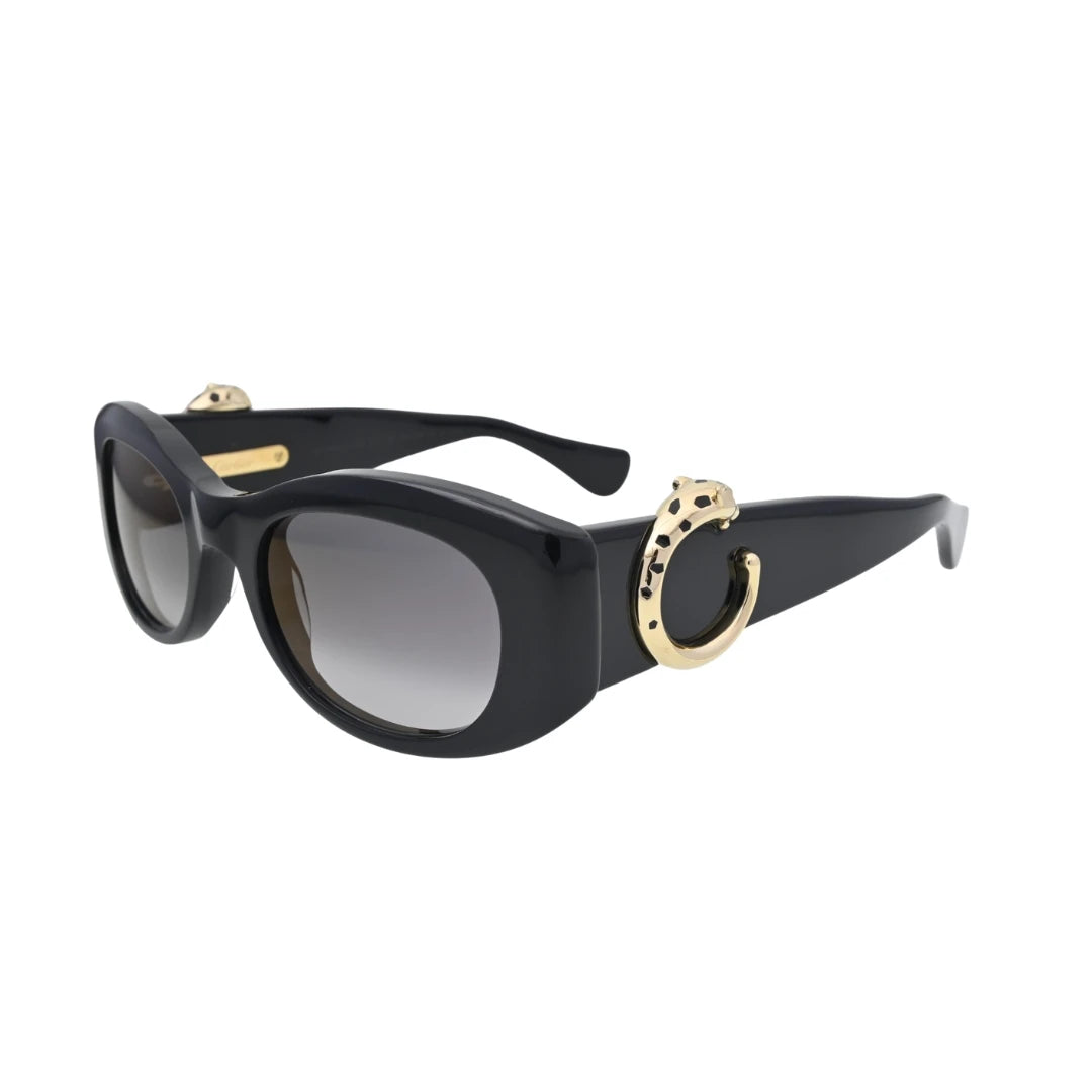 Cartier cat eye sunglasses angled view CT0472S001 with Panthere temple detail and glossy black frame