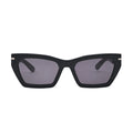 Angled side view of black rectangular sunglasses with thick acetate frame