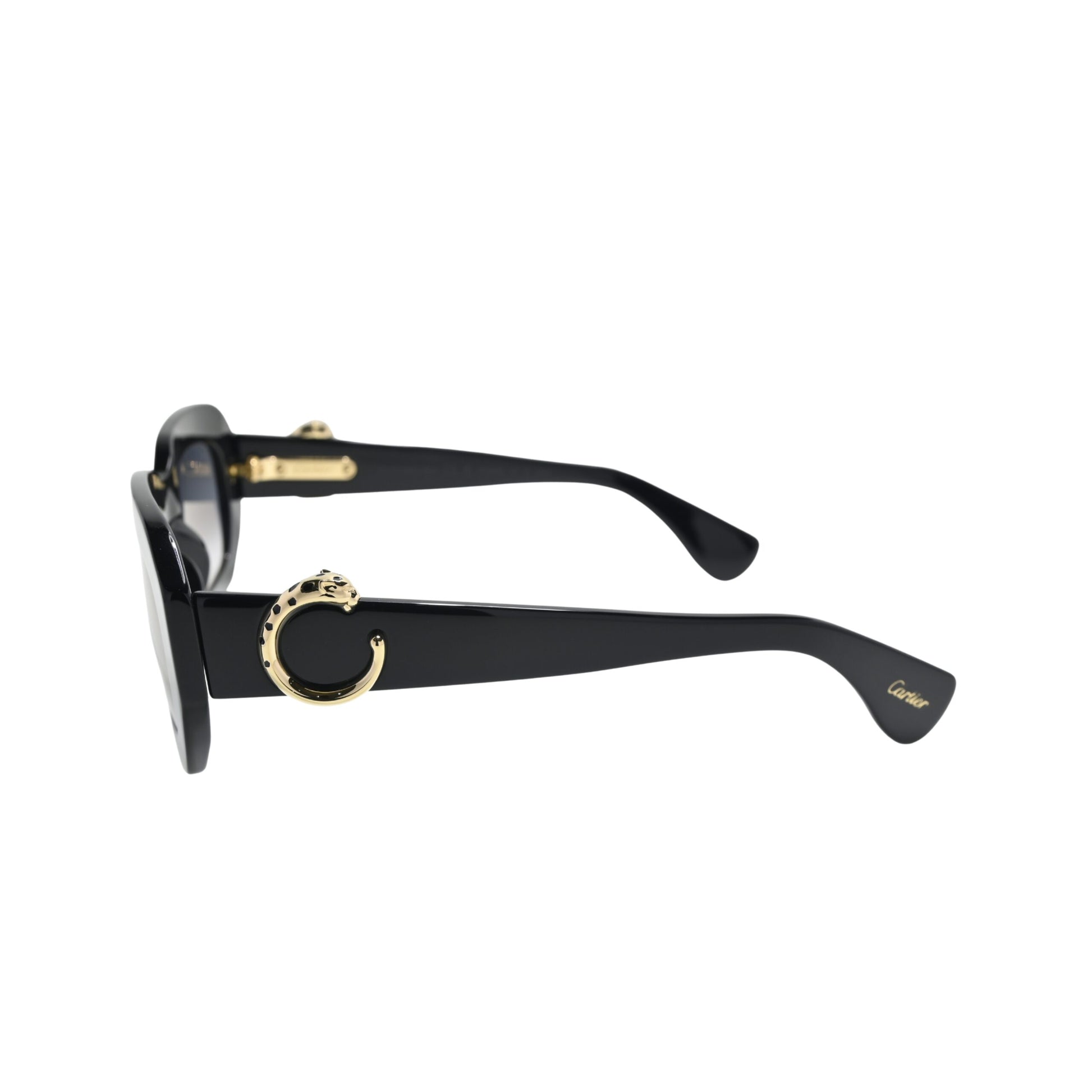 Side profile of Cartier CT0546S001 with gold panther ring detail and Cartier script at temple tip