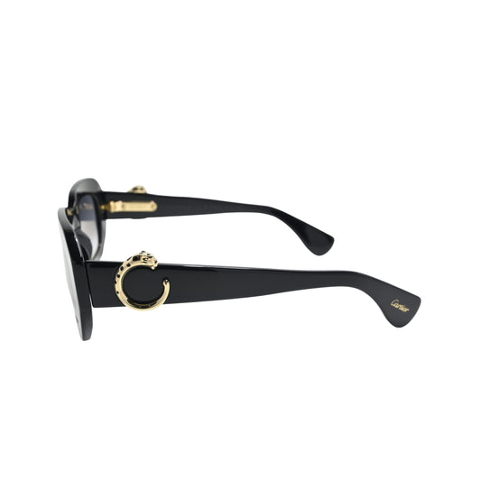 Side profile of Cartier CT0546S001 with gold panther ring detail and Cartier script at temple tip