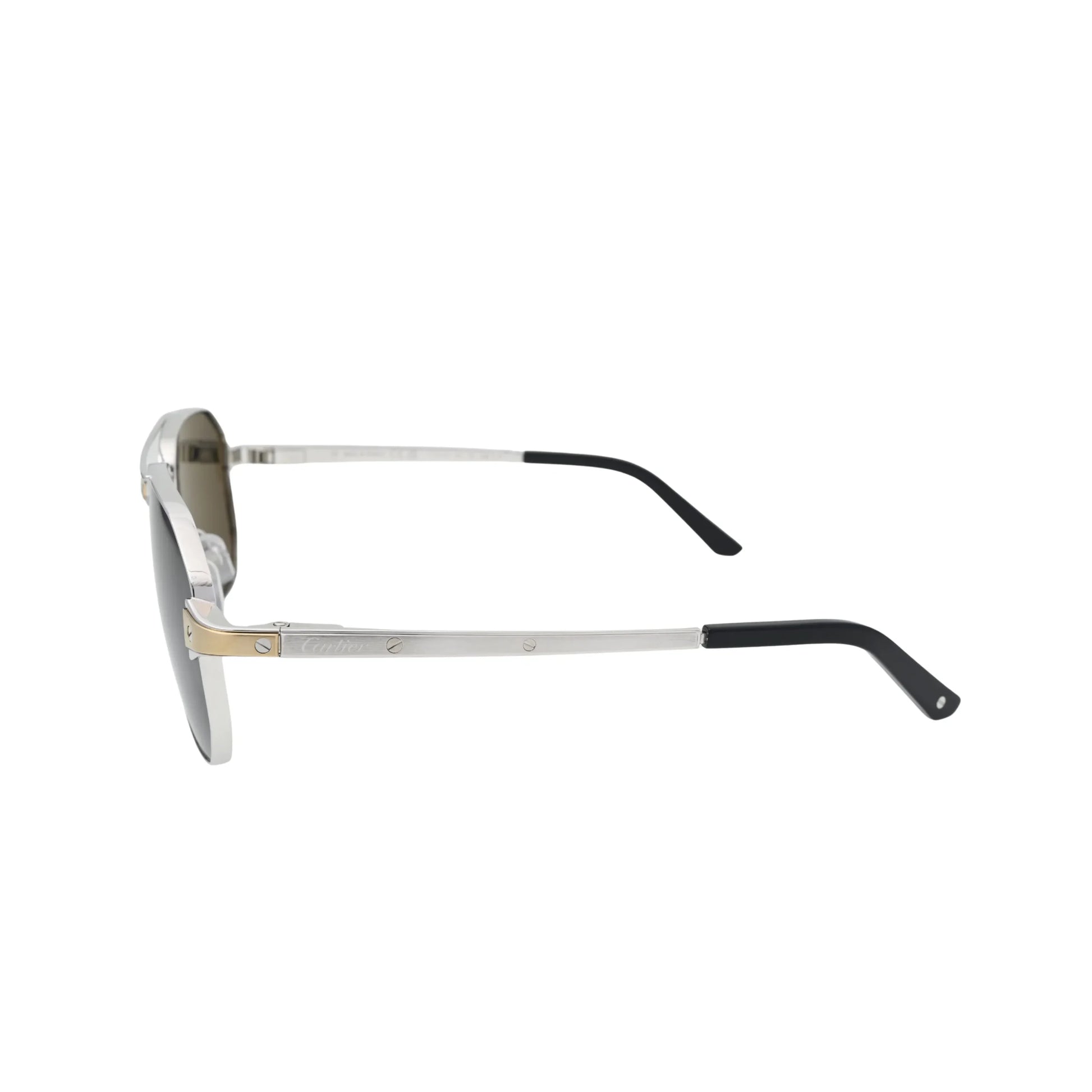 Cartier pilot sunglasses side profile CT0424S001 with slim metal arm Cartier logo and black temple tip