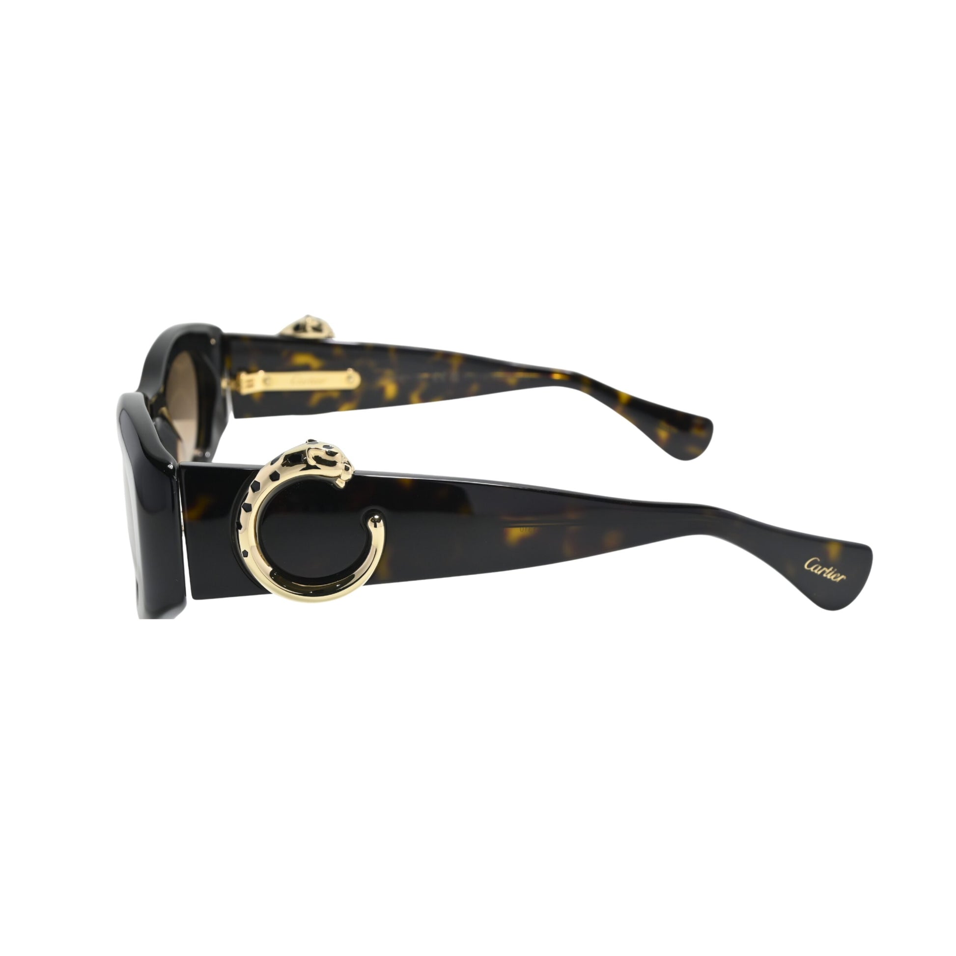 Side profile of Cartier CT0472S002 displaying gold-tone panther detail and Cartier script at dark tortoise temple tip
