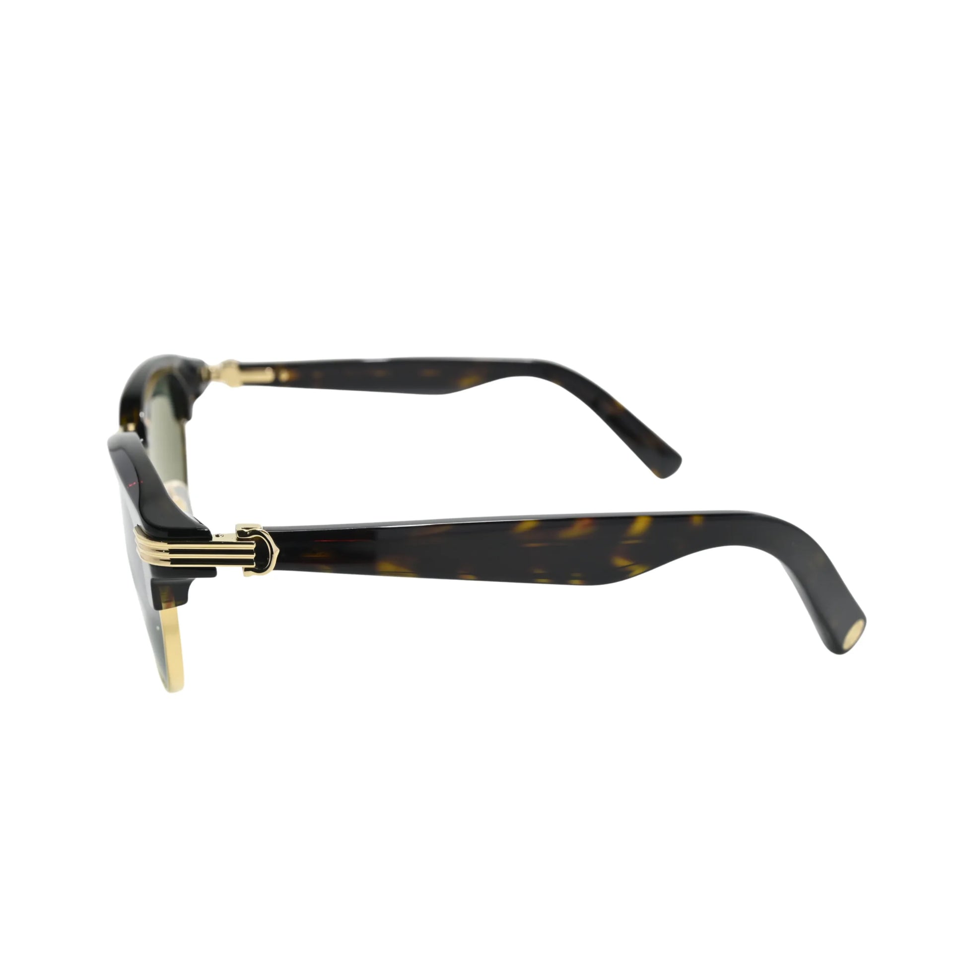 Side profile of Cartier CT0496S002 showing dark tortoise temple, gold ribbed hinge hardware and Double C motif