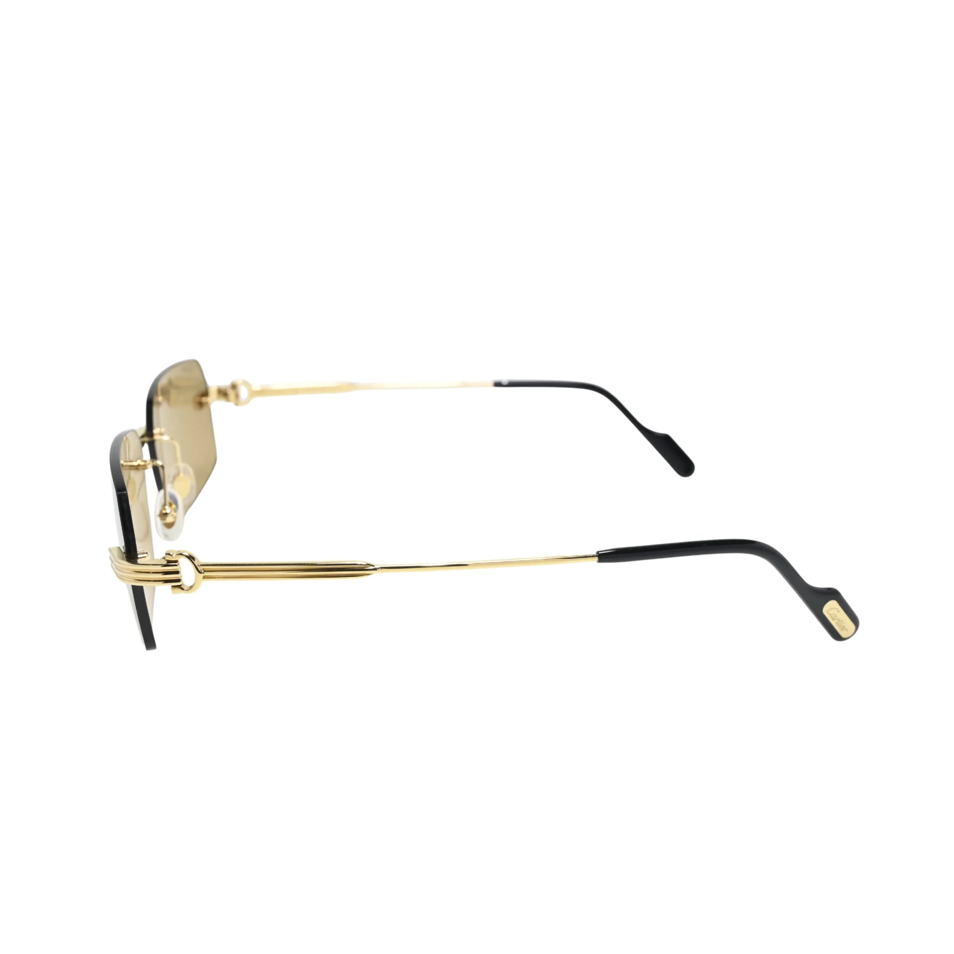 Three-quarter angle of Cartier CT0271S009 showing slim gold-tone metal temples and ribbed Godron hinge hardware