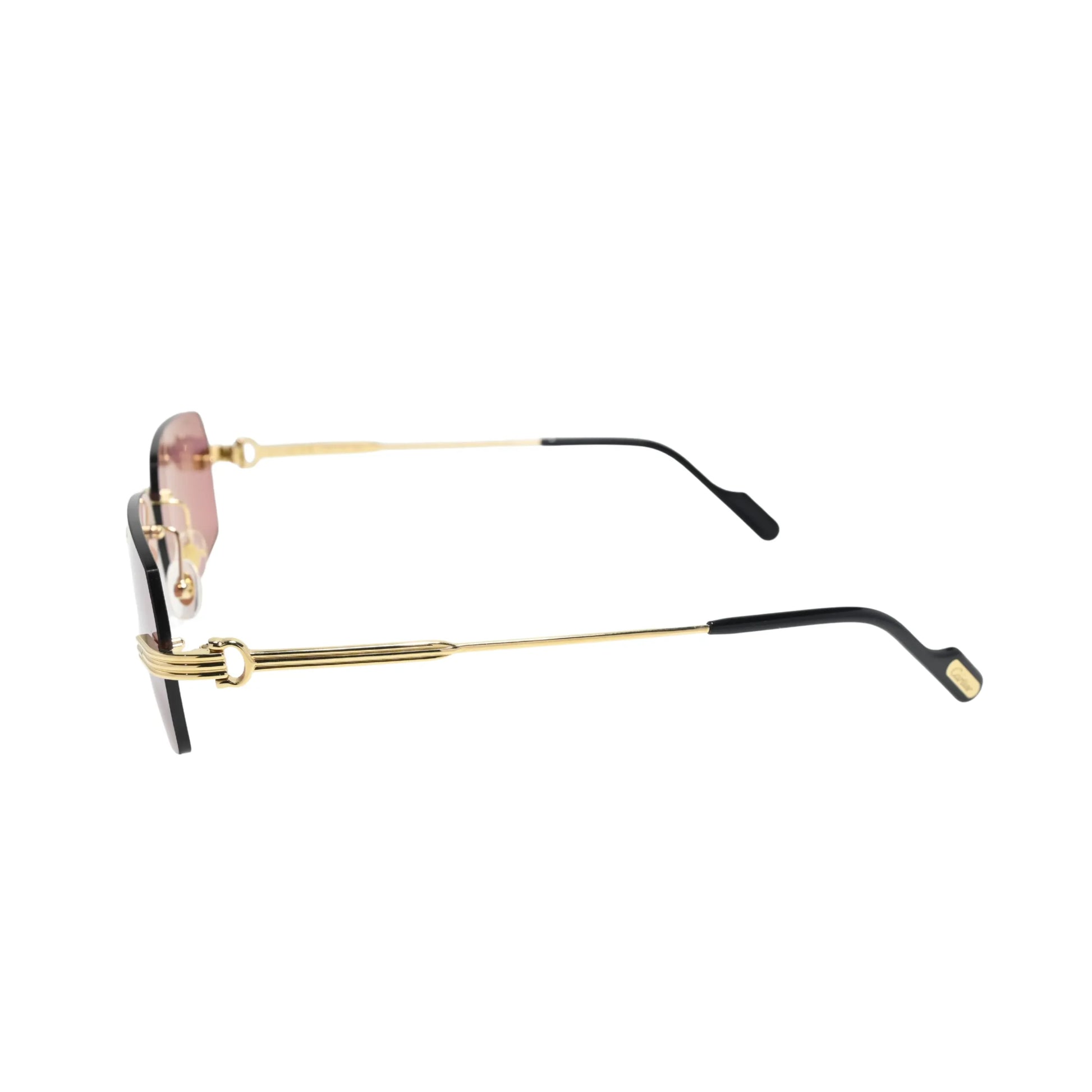 Side profile of Cartier CT0271S010 showing slim gold metal temple arm and Cartier logo plaque on black acetate tip