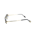 Side profile of Cartier CT0465S001 showing gold C Décor hinge hardware, slim gold temple arm and Cartier logo on black acetate tip