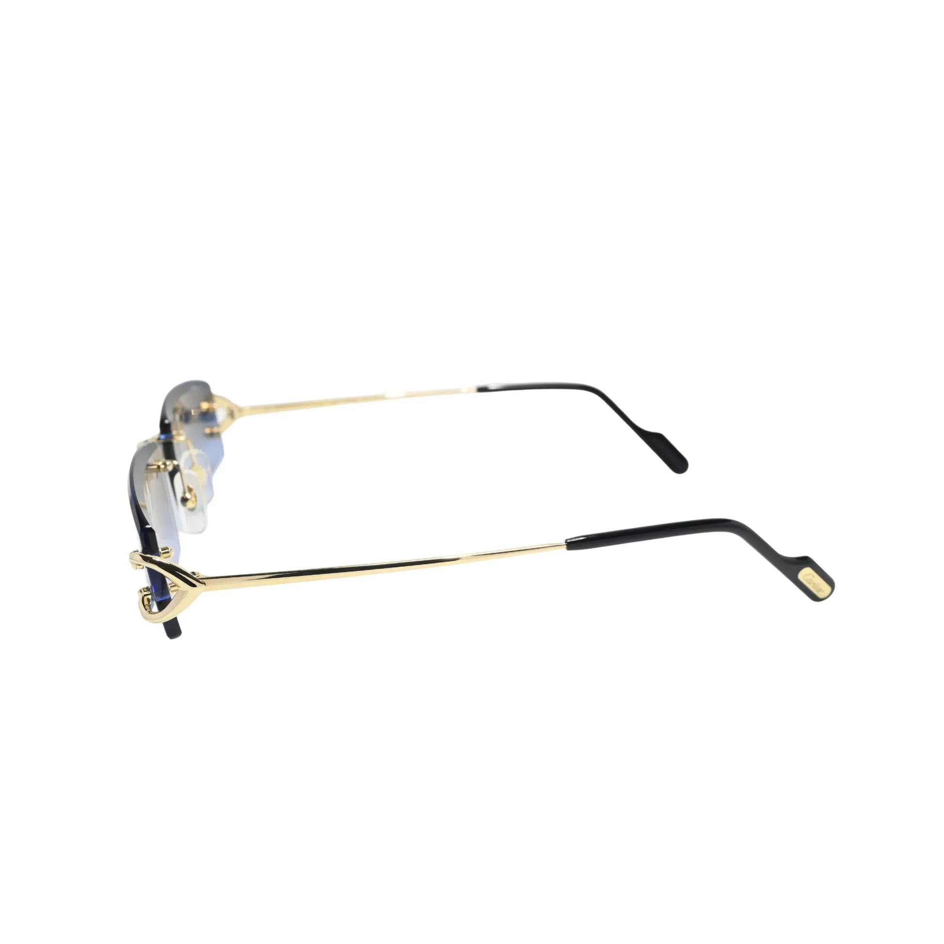 Side profile of Cartier CT0465S001 showing gold C Décor hinge hardware, slim gold temple arm and Cartier logo on black acetate tip