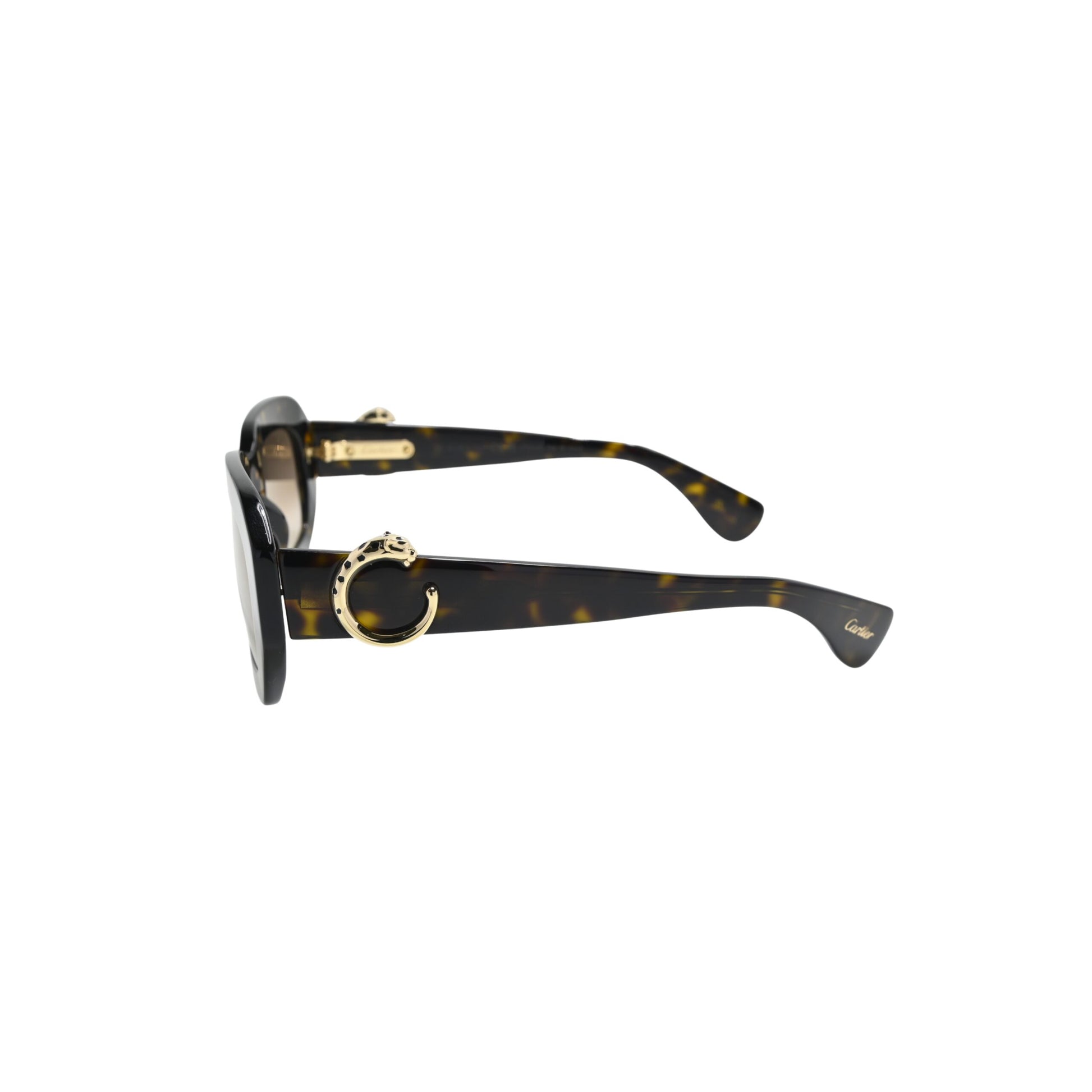 Dark tortoise Cartier CT0546S002 three-quarter angle showing gold-tone panther temple motif