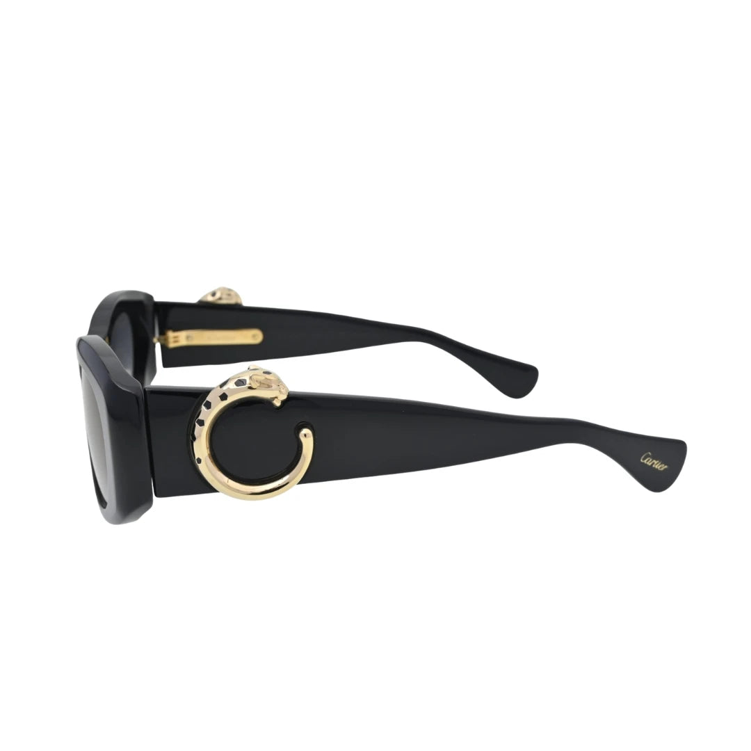 Cartier cat eye sunglasses side profile CT0472S001 with gold Panthere C hinge and wide black temple