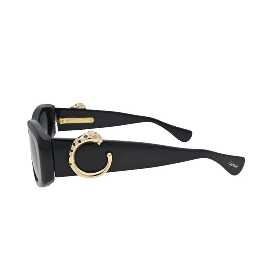 Cartier cat eye sunglasses side profile CT0472S001 with gold Panthere C hinge and wide black temple