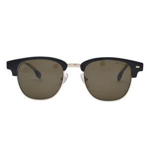 Angled view of black browline sunglasses with gold-tone rim