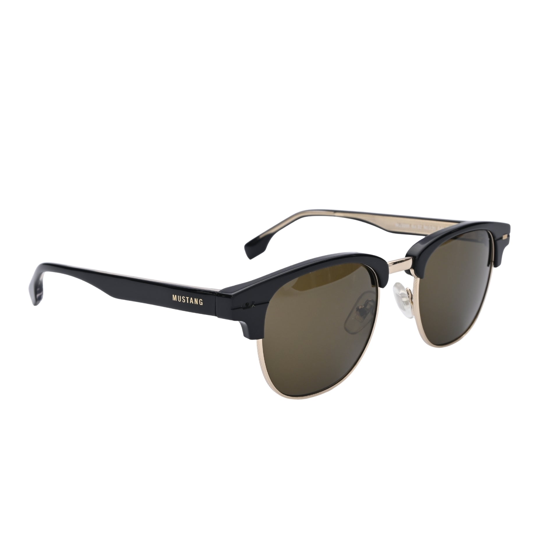 Angled side view of Mustang black semi rimless sunglasses with metal frame
