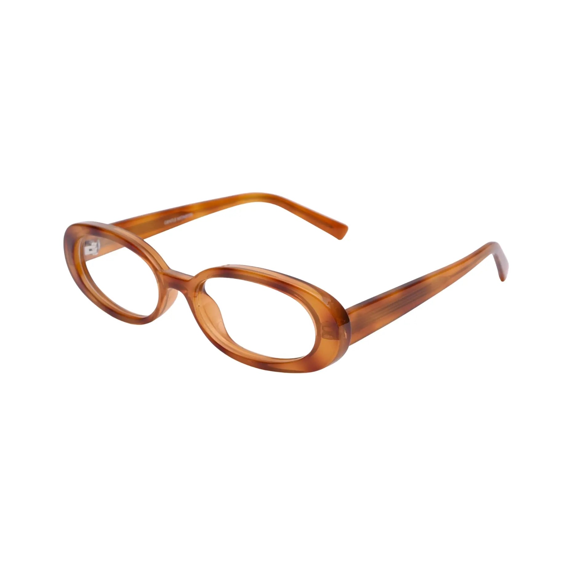 Folded view showing amber plastic oval frame and metal hinge detail