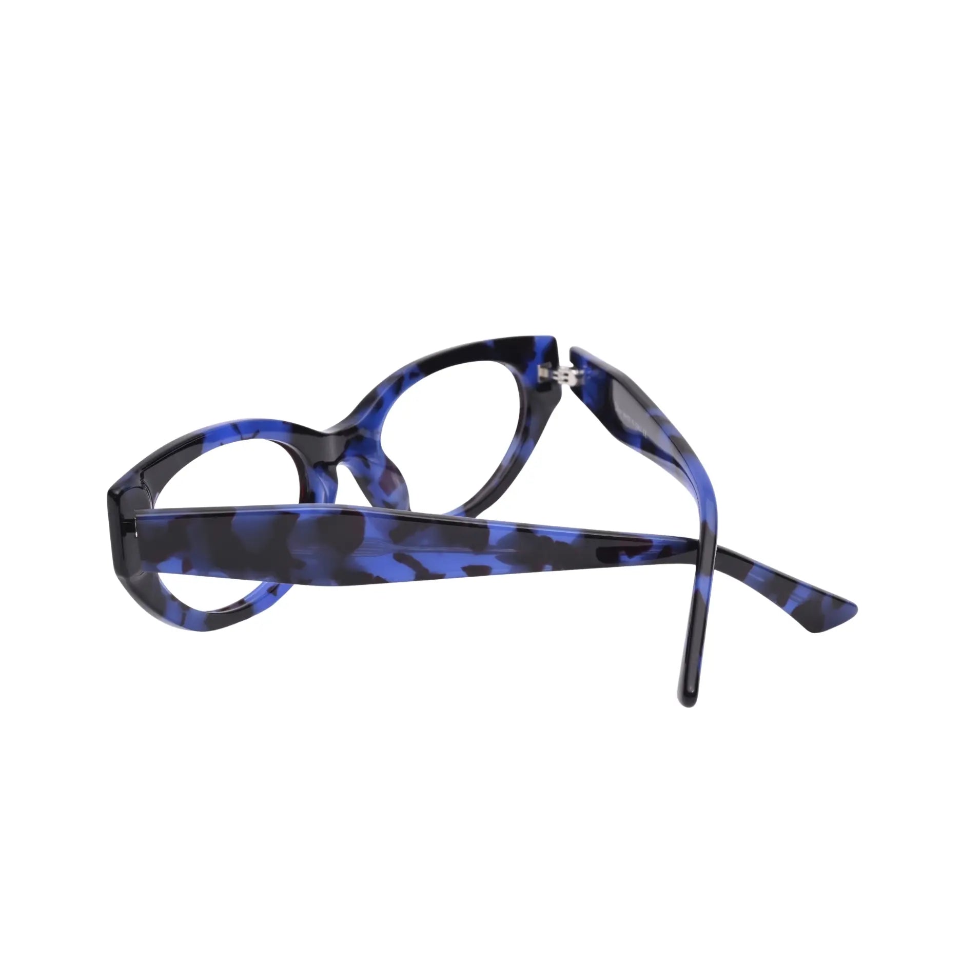 Hinge detail on blue tortoise plastic cat eye frame,