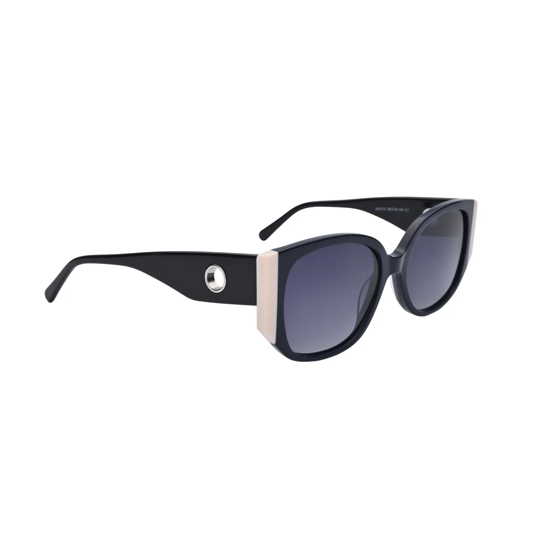 Black oversized square sunglasses with beige temple accents and gradient lenses side view