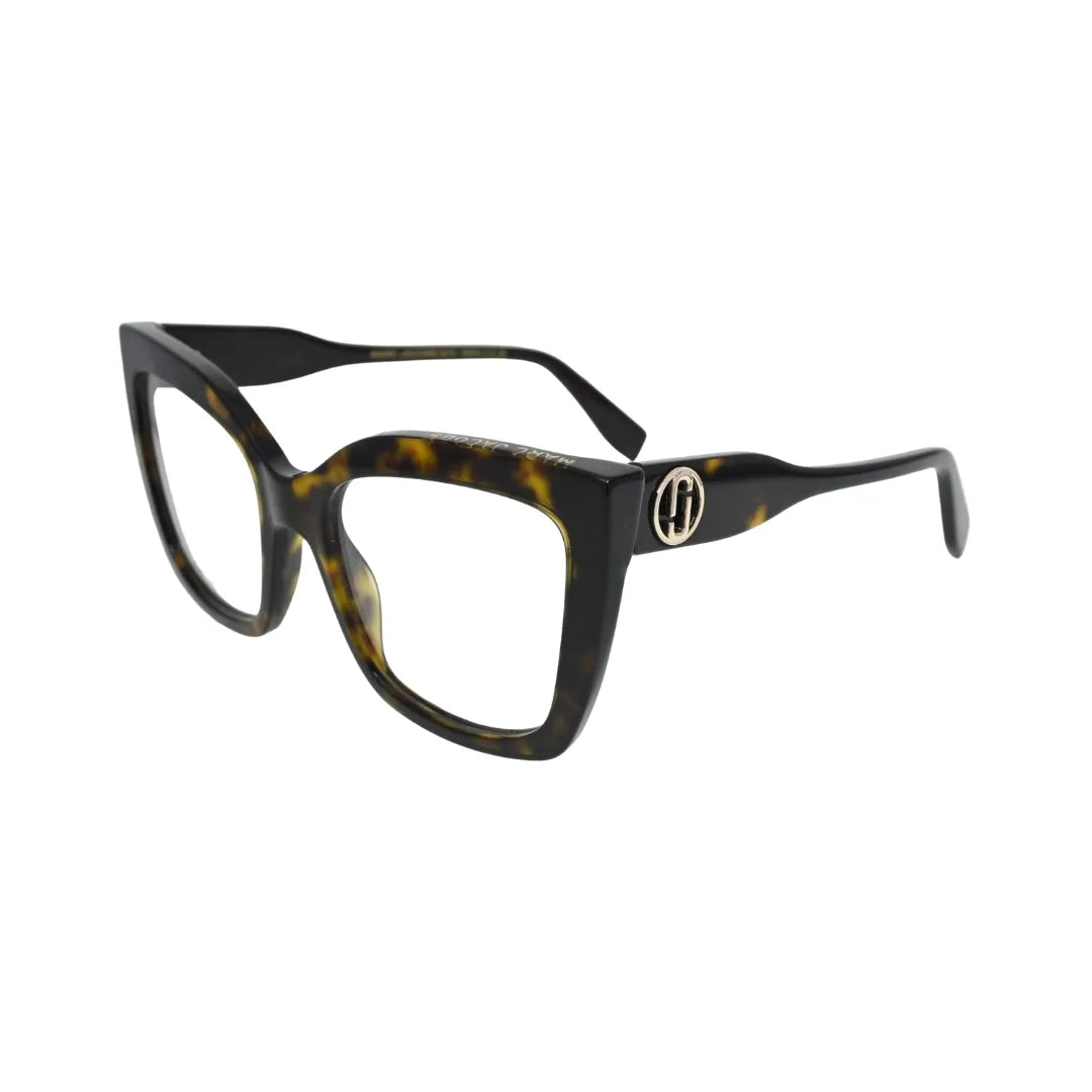Marc Jacobs MARC 813 086 Havana — rear three-quarter view showing gold MJ monogram medallion on dark acetate temple